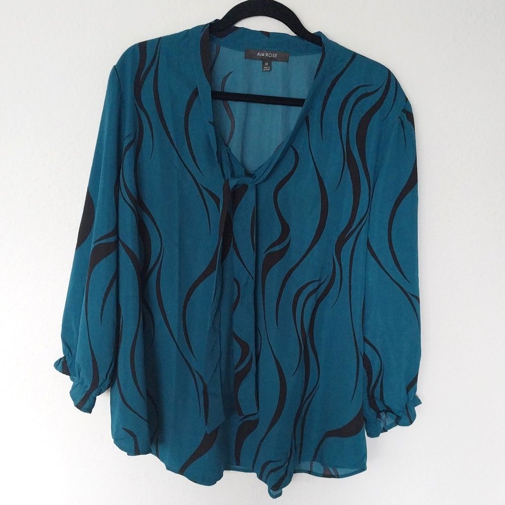 Ava Rose Teal and Black Swirl Pattern Long Sleeve V-Neck Blouse with Tie